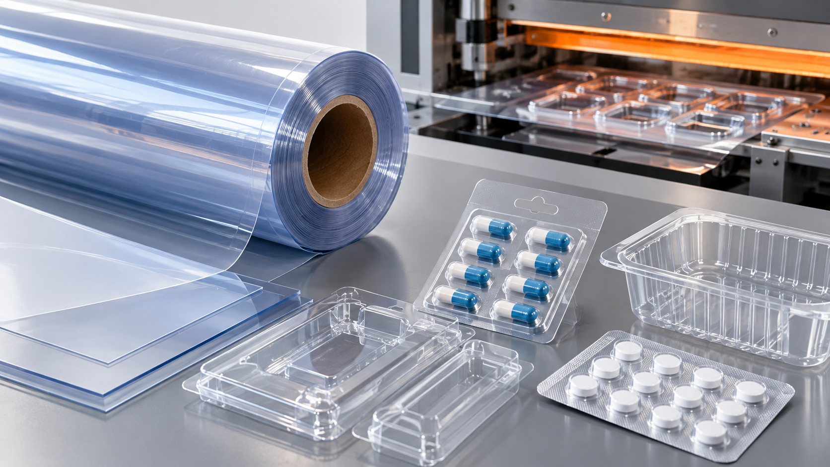 PVC thermoforming sheet with clear blister packs and packaging trays PVC thermoforming sheet with clear blister packs and packaging trays