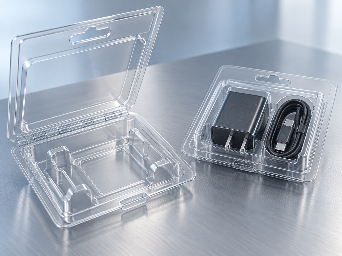 Clear thermoformed clamshell packaging for retail products Clear thermoformed clamshell packaging for retail products