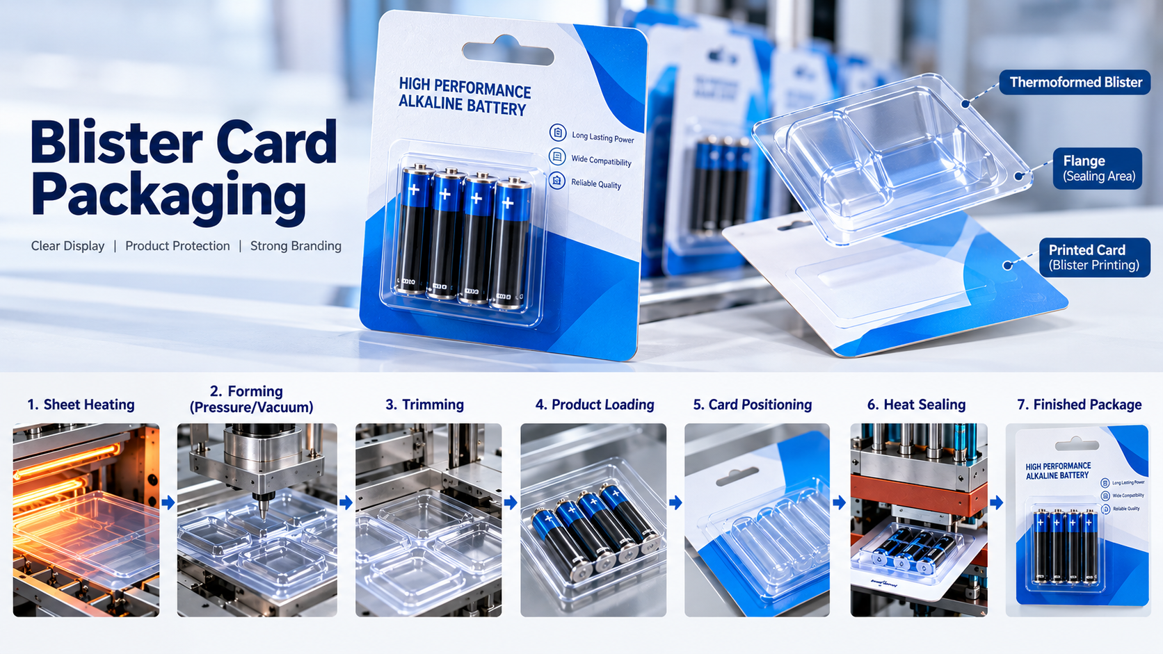 Blister card packaging with thermoformed plastic blister and printed card Blister card packaging with thermoformed plastic blister and printed card