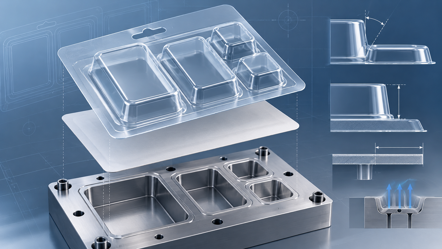 Blister packaging design with thermoforming mold, cavity depth, draft and flange details Blister packaging design with thermoforming mold, cavity depth, draft and flange details